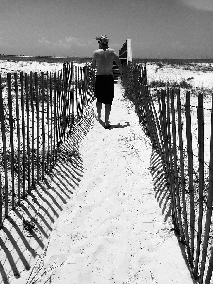 black, white, sand, fence, male, walking, ocean