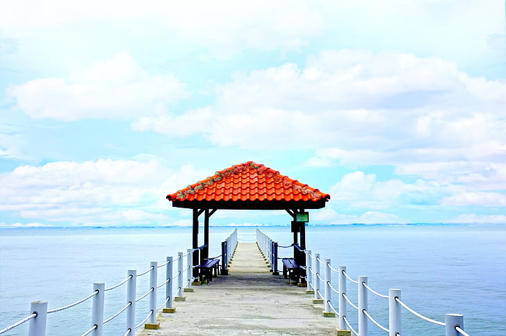 pier, gazebo, dock, ocean, sea, blue, sky