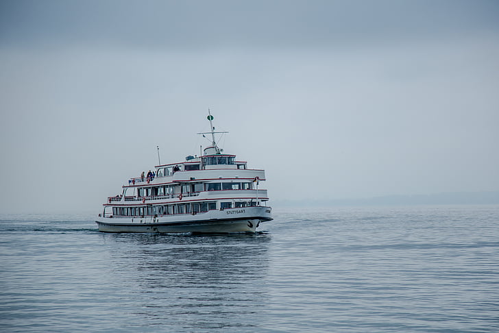 ferry, passenger ship, ship, lake constance, fog, boot, water