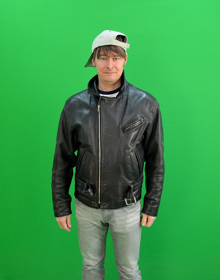 man, greenbox, chroma key, leather jacket, cap, medium, human