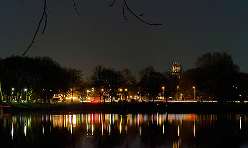 Aasee, Münster, notte, Panorama, luci