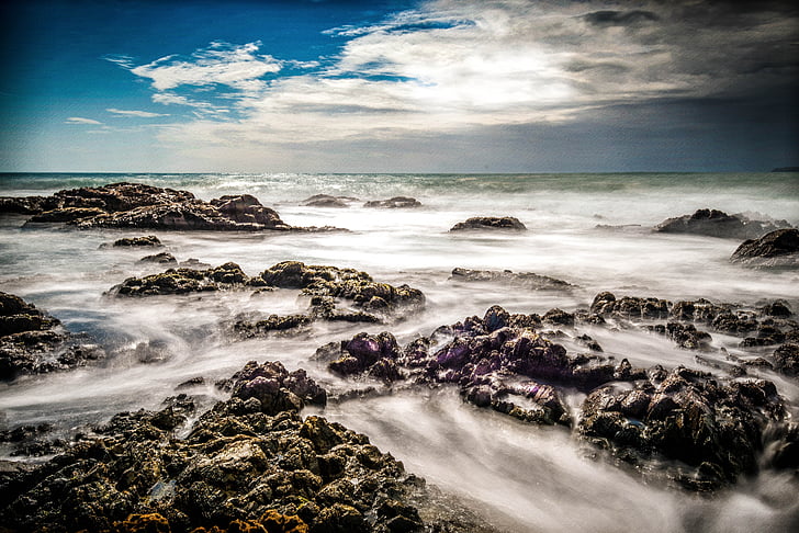 lugnt hav, Sea rocks, Wellington, Rock beach, lång exponering, havet, vågor