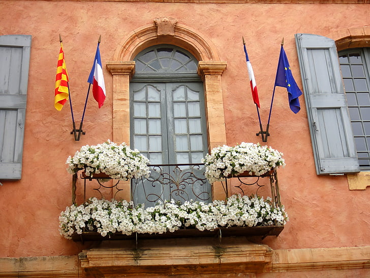homlokzat, Provence, Fleuri, tavaszi, Roussillon, városháza, zászló