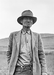 yaşlı adam, alan, çiftlik, şapka, çiftçi, ceket, Vintage