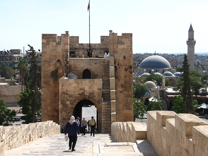 syria, aleppo, citadel, entrance, tower