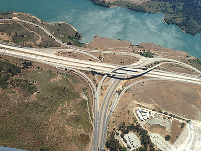 aerial, view, highway, near, body, water, junction