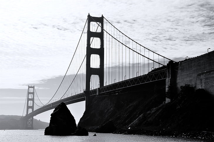 grayscale, photo, golden, gate, bridge, Golden Gate Bridge, San Francisco