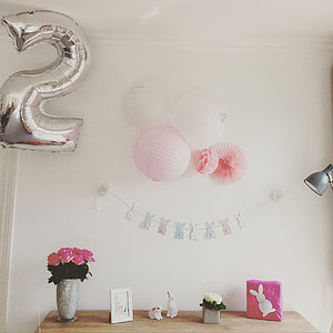 aniversário, criança, -de-rosa, flor, coelho, decoração, Dom