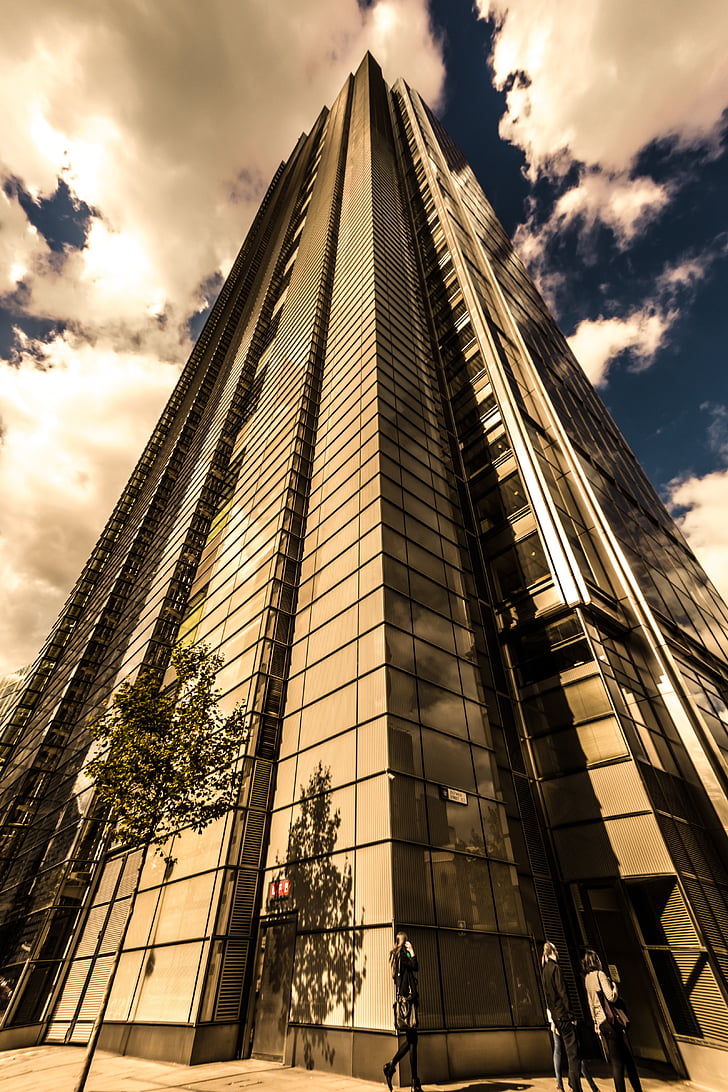 architecture, building, glass, high-rise, low angle shot, perspective, sepia