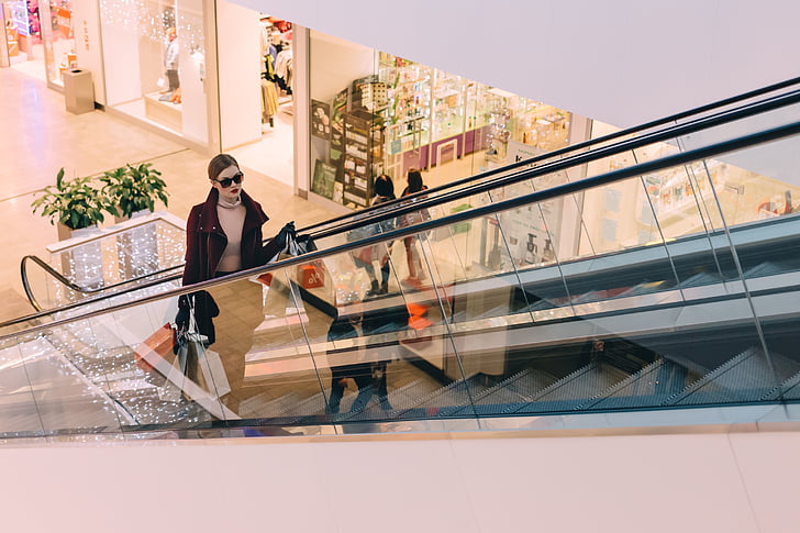 woman, shopping, escalator, people, girl, female, mall