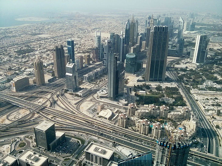 pohled z ptačí perspektivy, budovy, město, Panoráma města, silnice, mrakodrapy, Letecký pohled