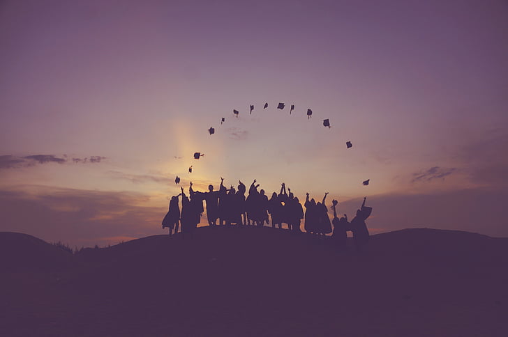 silhouette, people, throwing, commencement, caps, sunset, graduate