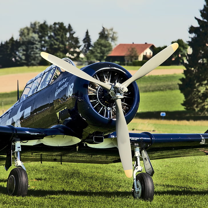 Propeller-Flugzeug, Flugzeug, Luftfahrt, historisch, frontal, Schwarz, Oldtimer