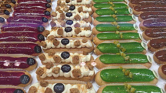 eclairs, variety, pastry, oblong pastry, choux dough, cream, filled