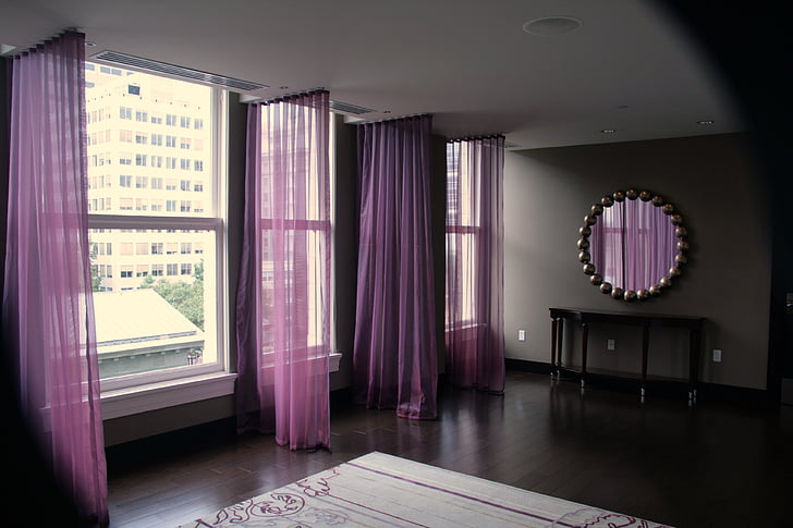 hallway, mysterious, ominous, purple, sheer, curtains, fashion