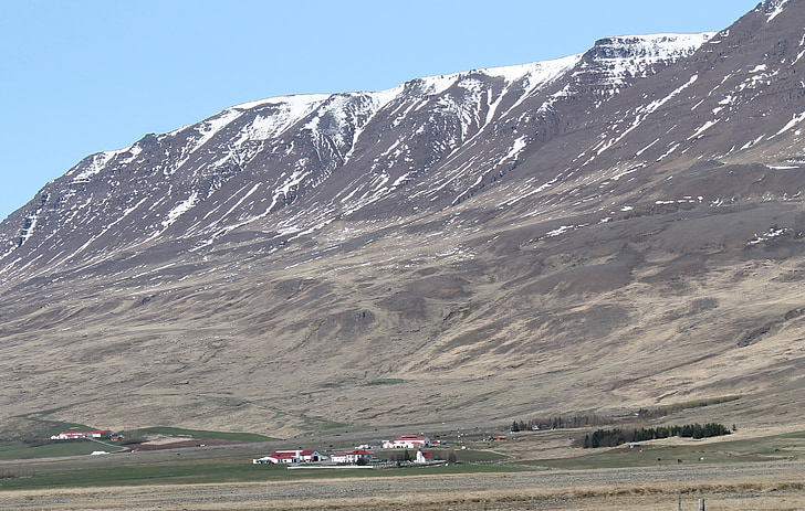 Islandia, pemandangan, indah, pegunungan, salju, pertanian, bangunan