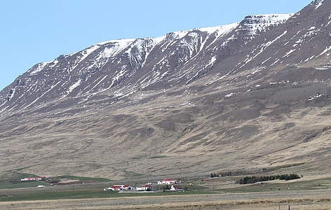 Islandia, krajobraz, sceniczny, góry, śnieg, gospodarstwa, budynki
