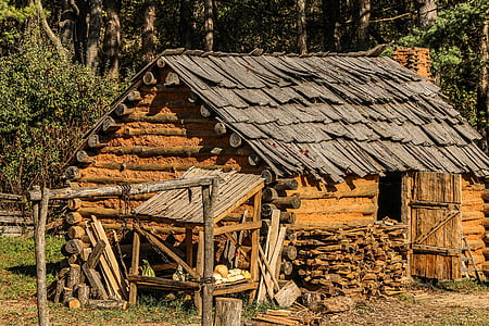 gray, brown, log, house, home, Hut, Cabin