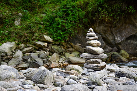rock, stone, meditation, water, river, lake, green
