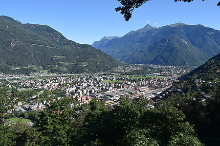 város, Bellinzona, Svájc, hegyek, táj, természet, Sky