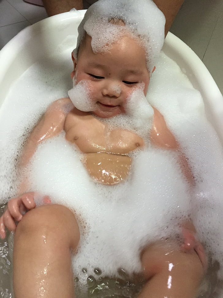 bathe, foam, baby, child, relax, bathtub, washing