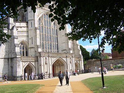 Winchester katedrāle, Winchester, vasarā, Anglija, akmens, reliģija, arhitektūra