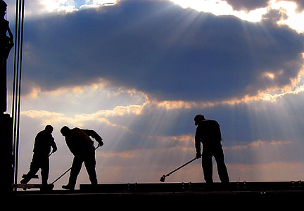 workers, brooms, mops, crepuscular rays, light, cloud, ship