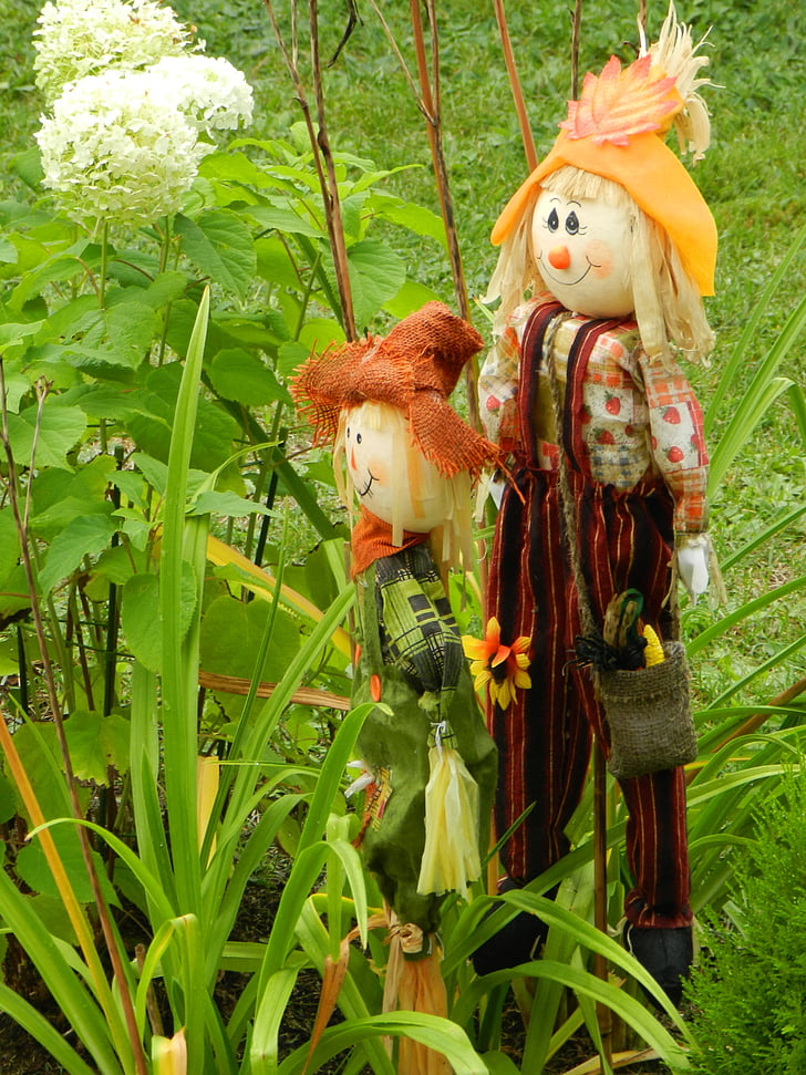 doll, fall, flower bed, flowers