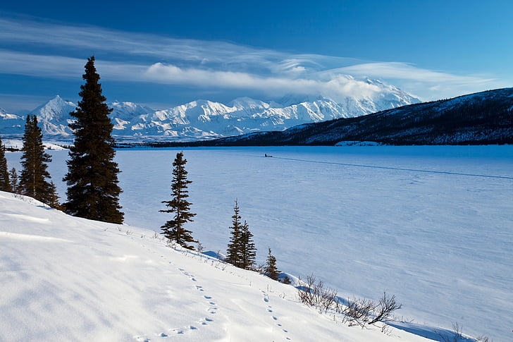 paesaggio, montagne, neve, Denali, Alaska, Stati Uniti d'America, lago Wonder