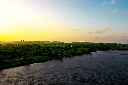 Panama, Panamakanalen, soluppgång, skogen, landskap, havet, morgon