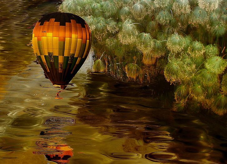 balloon, water, vegetation, nature, the illusion, balloon flight, assembly