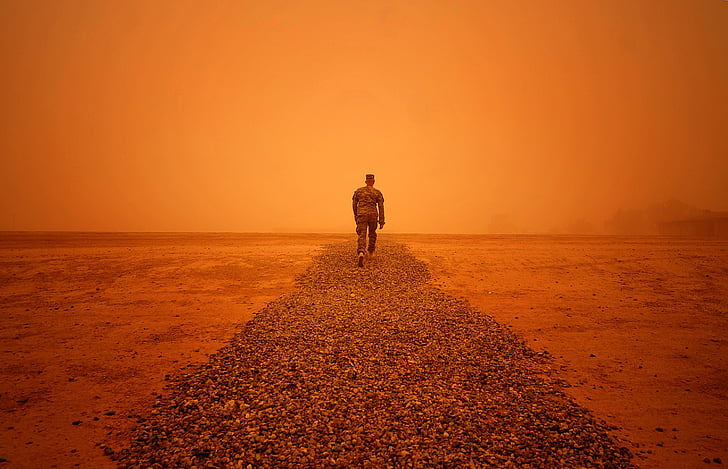 iraq, sandstorm, weather, man, military, walking, landscape
