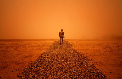 Irak, zandstorm, weer, man, militaire, wandelen, landschap