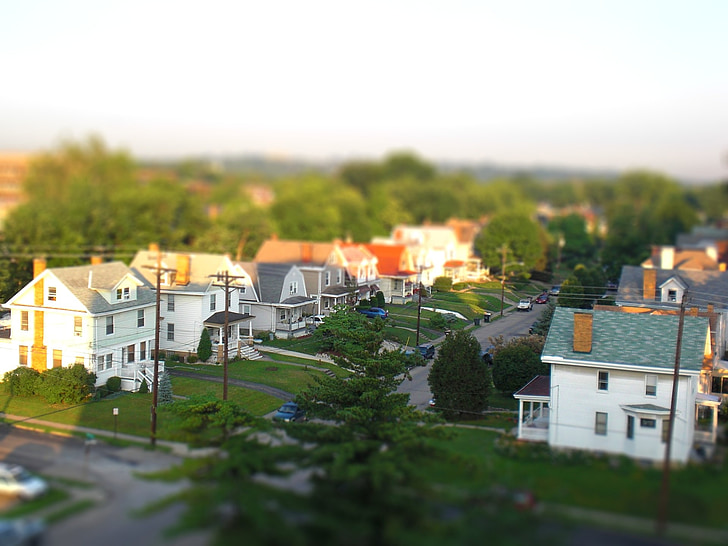 houses, terraced houses, residential area, usa, tiltshift, live, road
