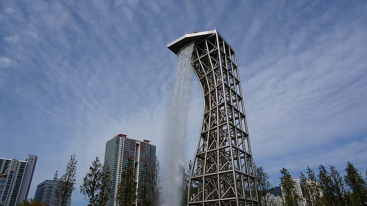 Pusan citizen park, thác nước nhân tạo, bầu trời, Hàn Quốc, Đài phun nước, tháp, kiến trúc