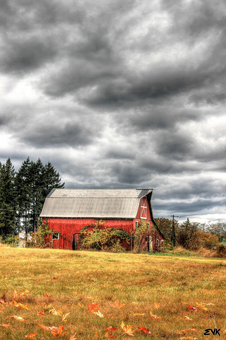 red, barn, country, landscape, sky, clouds, outdoors