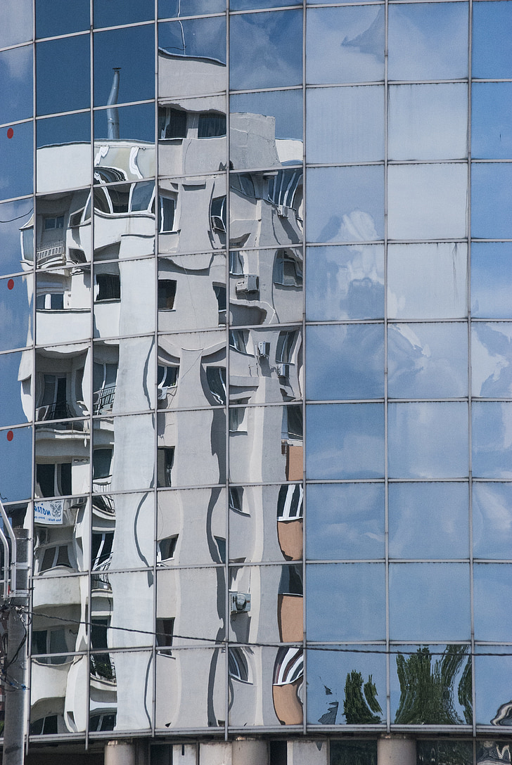 Windows, reflectie, gebouw, hemel, wolken, stedelijke, het platform