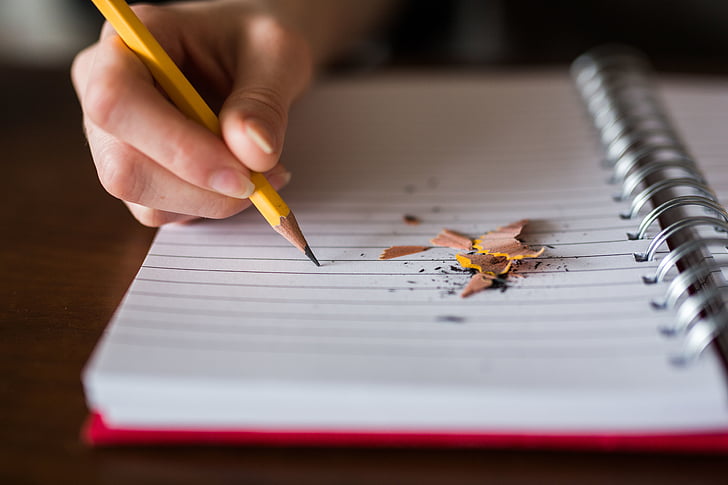 notebook, pencil, write, school, blur, writing, human Hand