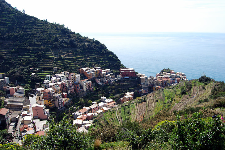 Cinque terre, Liguria, hus, sjøen, fjell, grønn, himmelen
