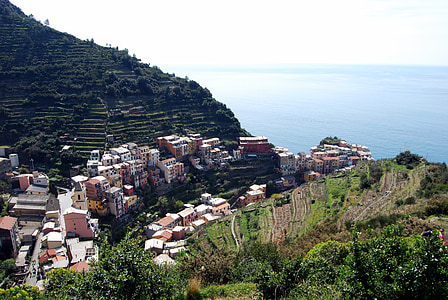 Cinque terre, Liguria, rumah, laut, Gunung, hijau, langit