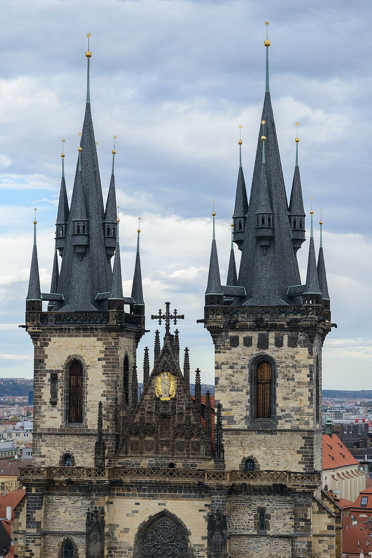 Prague, detalhe, história, arquitetura, Torre, Cruz, céu