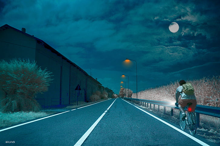 bicicletes, nit, Luna, Lluna plena, carretera, núvols