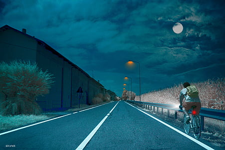 bicycle, night, luna, full moon, road, clouds