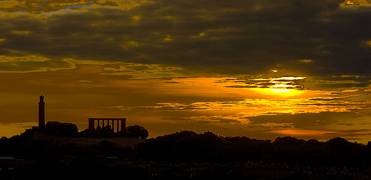 Calton hill, linha do horizonte, Edinburgh, céu, pôr do sol