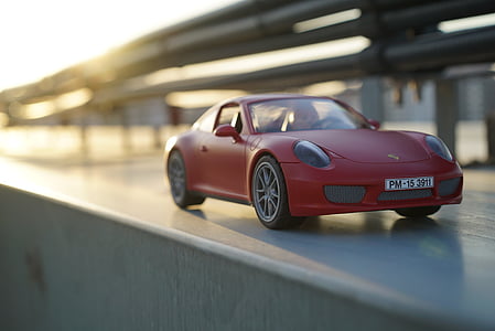 porsche, car, playmobil, toy, red, glow, in the evening