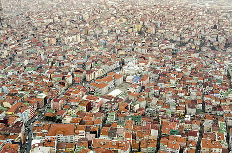 bird's eye view, buildings, city, houses, roofs