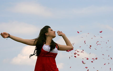 girl, petals, flight, red, joy