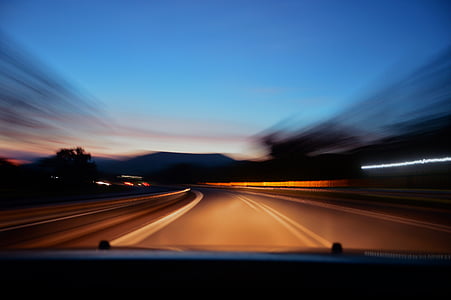 concrete, road, car, driving, highway, night, evening