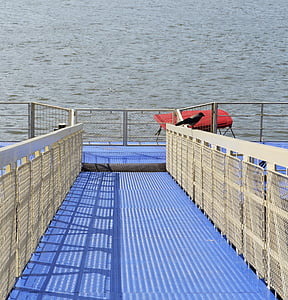 port, bird, water, ramp, blue and white, shadow