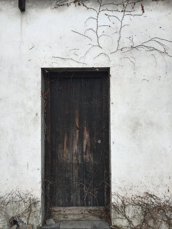 porta, blanc, contrasten, vell, fusta, entrada, paret blanca